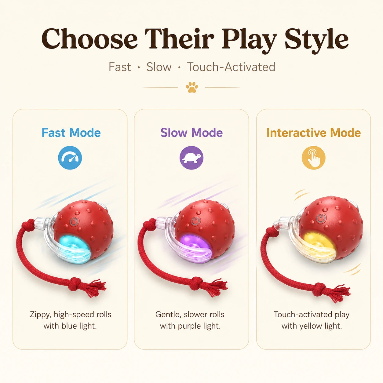 Three Zippurr play modes: fast, slow, and touch-activated